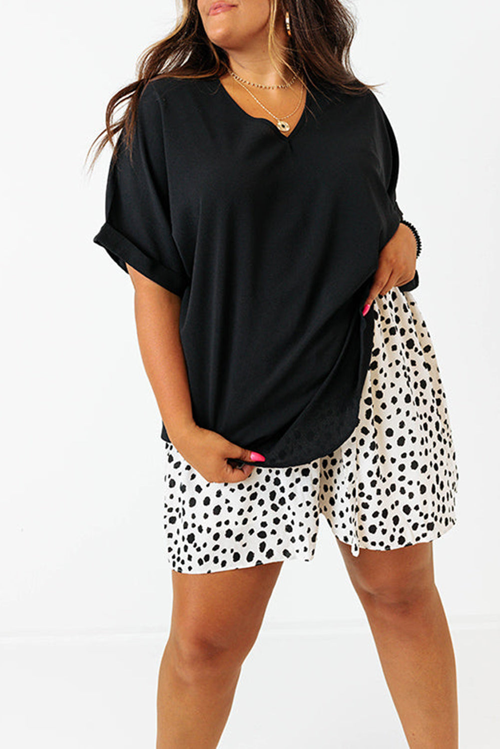 Black Seamed Back High Low Hem V Neck Cuffed Sleeve Plus Size Tee Black 100%Polyester Plus Size Tops & Tees JT's Designer Fashion