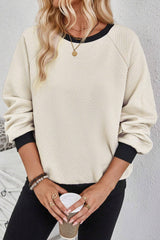 Jet Stream Color Block Edge Raglan Sleeve Crew Neck Textured Top Long Sleeve Tops JT's Designer Fashion
