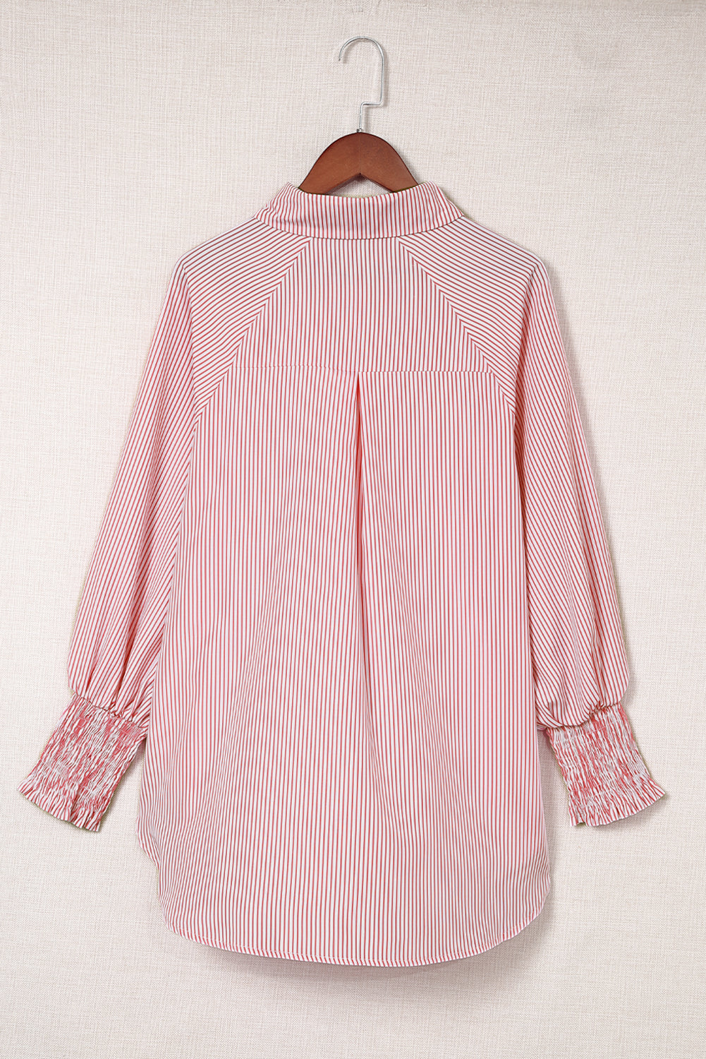 Red Stripe Smocked Cuffed Striped Boyfriend Shirt with Pocket Blouses & Shirts JT's Designer Fashion