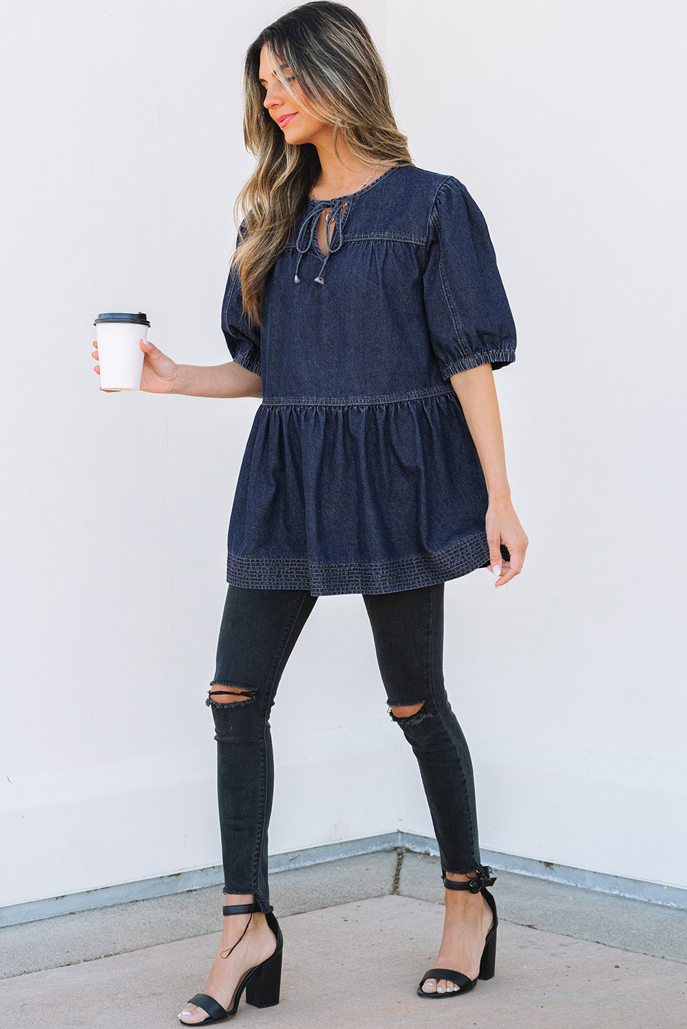Sail Blue Puff Sleeve Lace-up Neckline Splicing Denim Blouse Blouses & Shirts JT's Designer Fashion