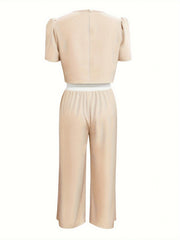 Round Neck Short Sleeve Top and Tied Pants Set Pant Sets JT's Designer Fashion