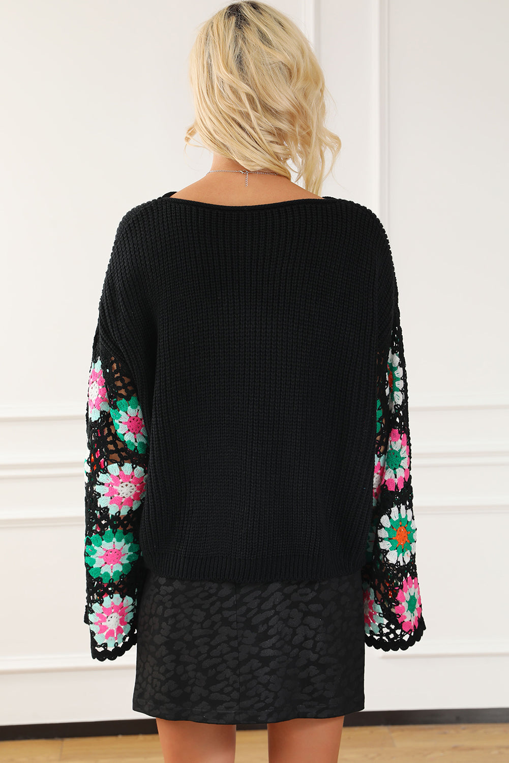 Black Floral Crochet Bell Sleeve Loose Sweater Sweaters JT's Designer Fashion