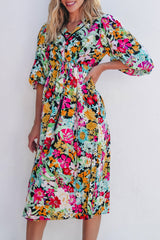 Green Floral Puff Sleeve V Neck Tassel Drawstring Dress Floral Dresses JT's Designer Fashion