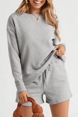 Gray Textured Long Sleeve Top and Drawstring Shorts Set Gray 95%Polyester+5%Elastane Short Sets JT's Designer Fashion