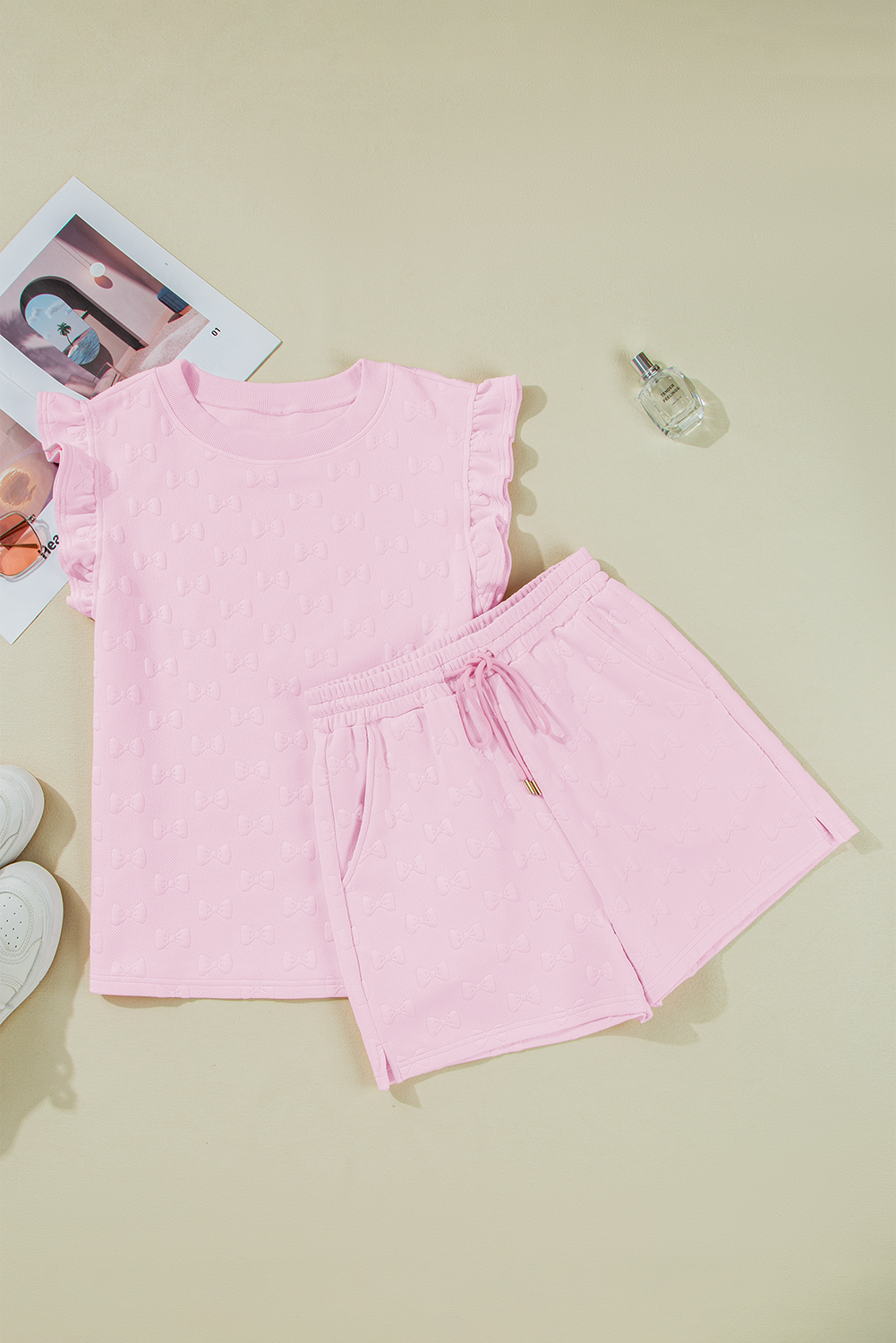 Pink Bow Jacquard Ruffle Sleeve Short 2pcs Outfit Short Sets JT's Designer Fashion