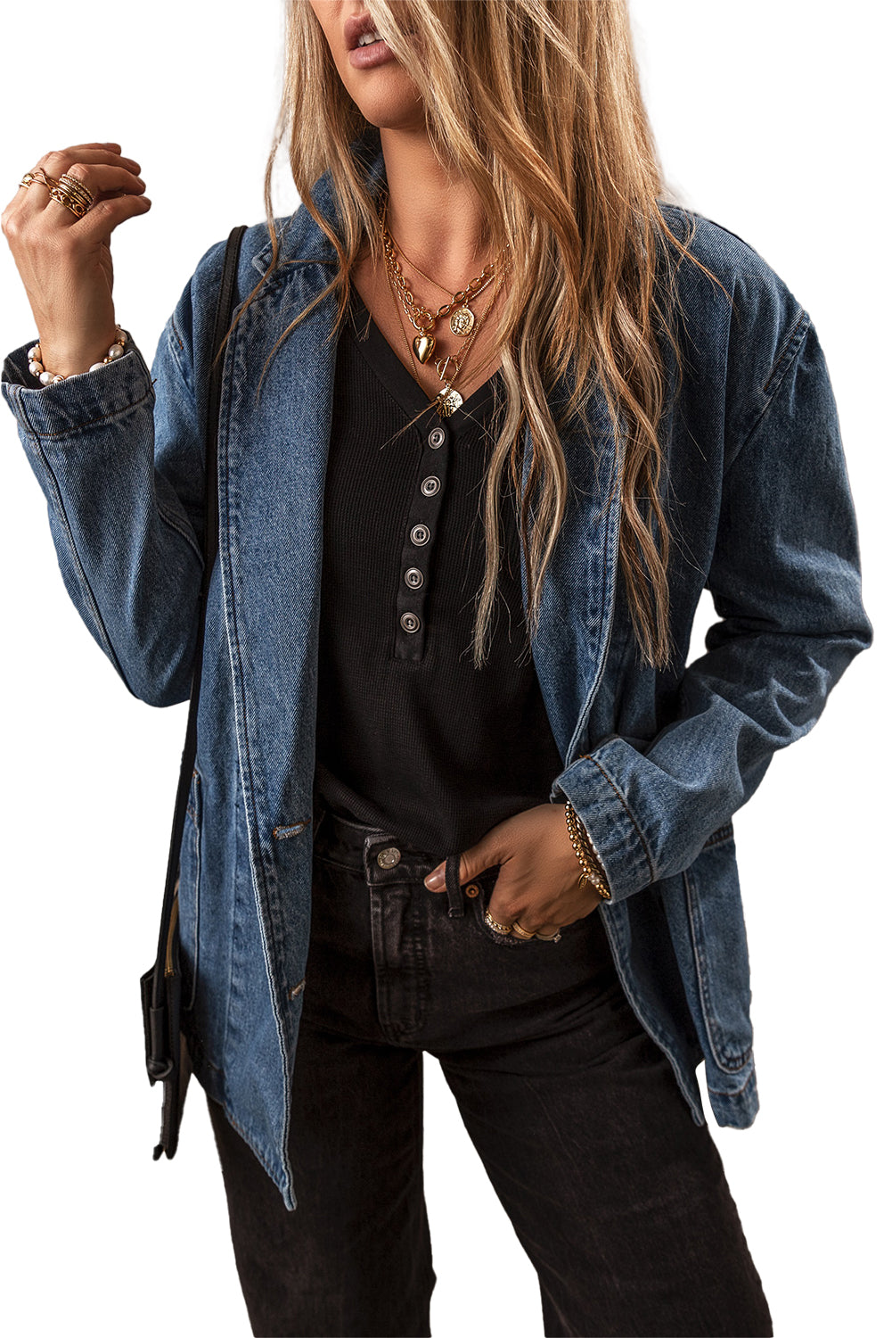 Sail Blue Side Pockets Lapel Collar Denim Jacket Denim Jackets JT's Designer Fashion