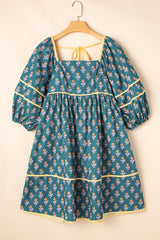 Skobeloff Floral Contrast Trim Square Neck Puff Sleeve Dress Floral Dresses JT's Designer Fashion