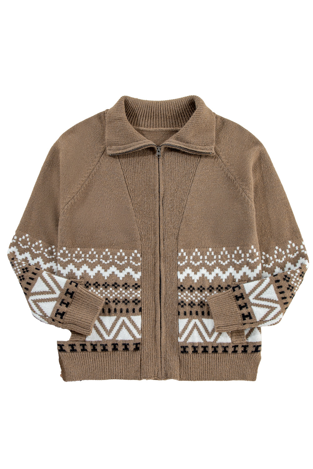 Brown Western Printed Ribbed Trim Collared Zip up Cardigan Cardigans JT's Designer Fashion