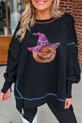 Black Glittering Pumpkin Wizard Graphic Exposed Seam Side Split Halloween Sweatshirt Black 50%Polyester+50%Cotton Graphic Sweatshirts JT's Designer Fashion