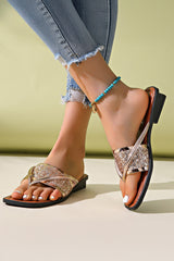 Gold Glitter Band Square Toe Leather Flat Slippers Slippers JT's Designer Fashion