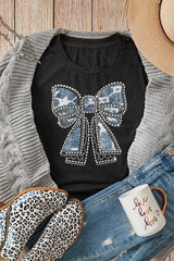 Black Rhinestone Bowknot Graphic Crewneck T Shirt Graphic Tees JT's Designer Fashion