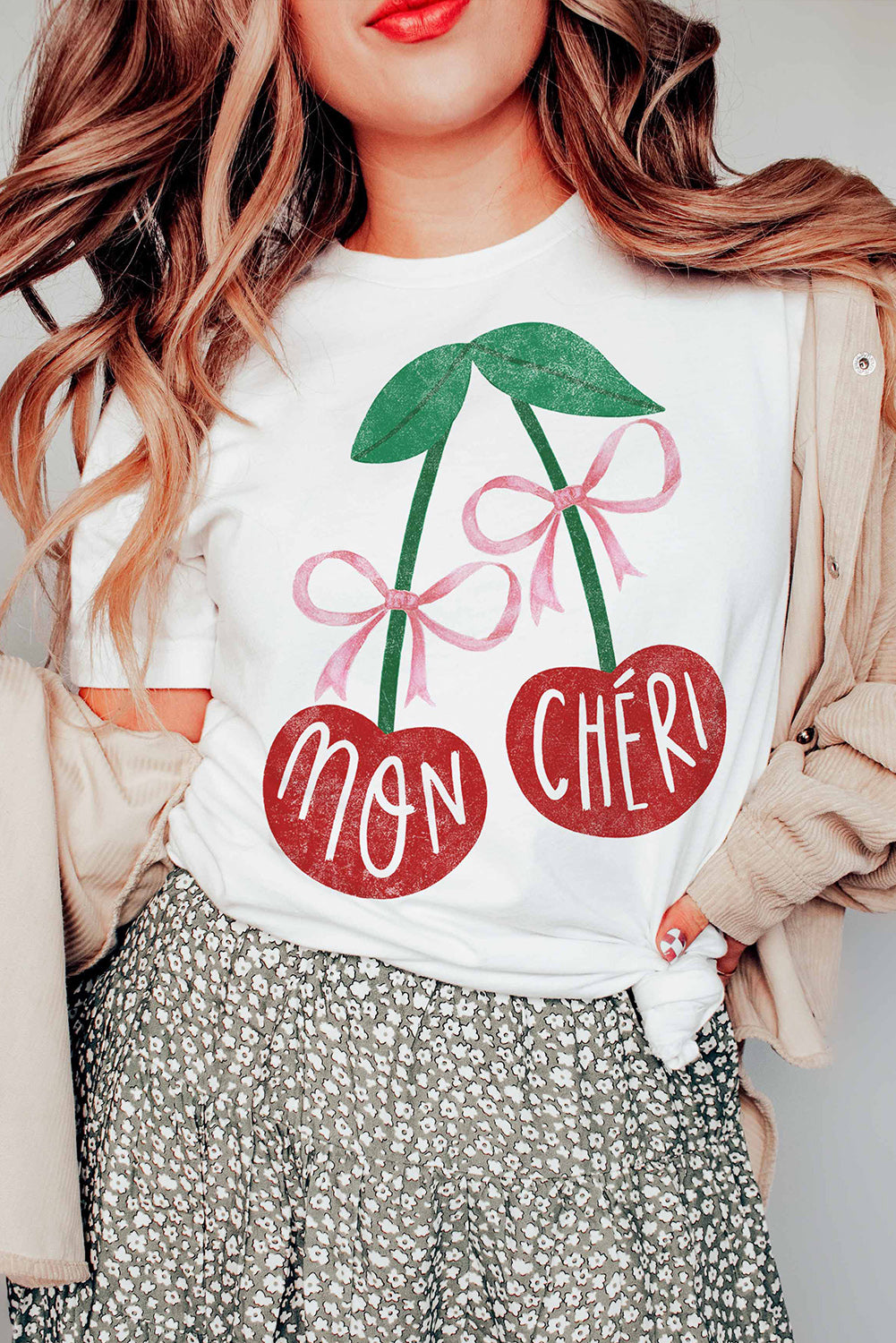 White Mon Cheri Cherry Graphic Crewneck T shirt Graphic Tees JT's Designer Fashion