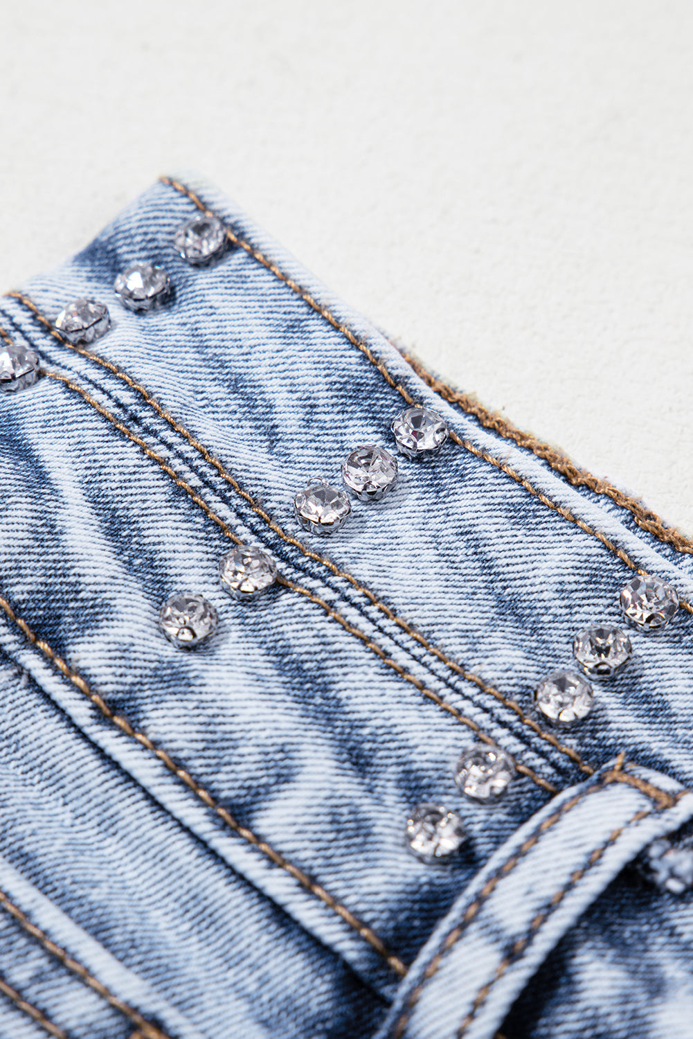 Beau Blue Rhinestone Light Wash Raw Hem High Waist Denim Shorts Denim Shorts JT's Designer Fashion