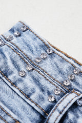 Beau Blue Rhinestone Light Wash Raw Hem High Waist Denim Shorts Denim Shorts JT's Designer Fashion
