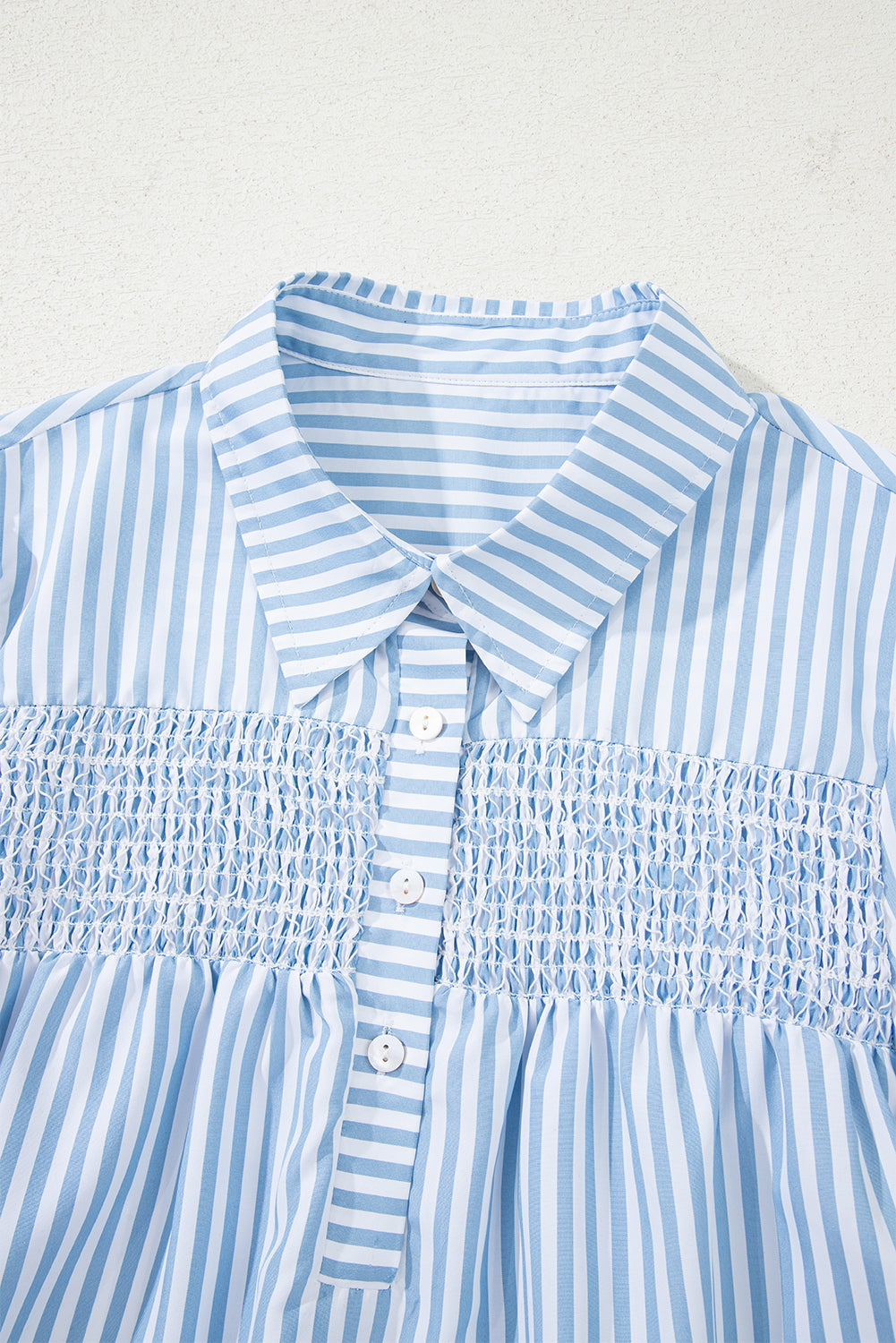 Sky Blue Stripe Shirred Detail Half Placket Collared Long Sleeve Fall Shirt Blouses & Shirts JT's Designer Fashion