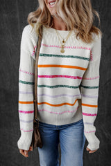 White Colorful Striped Ribbed Trim Sweater Sweaters JT's Designer Fashion