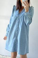 Myosotis Ruffled V Neck Buttoned Shift Denim Dress Mini Dresses JT's Designer Fashion