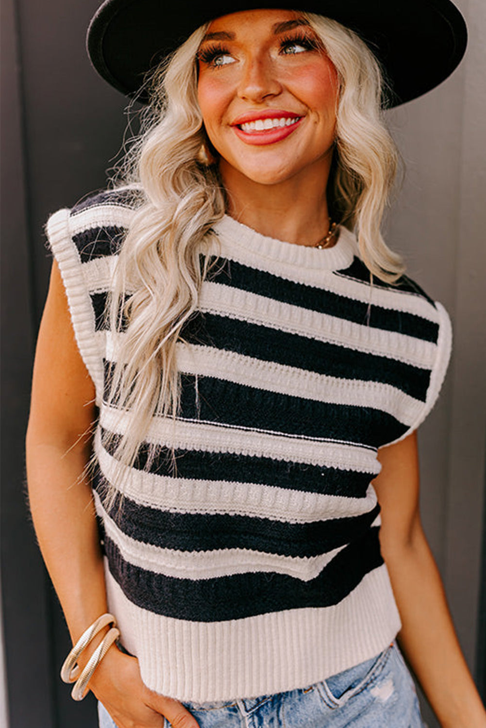 Black Stripe Round Neck Knit Tank Top Sweaters & Cardigans JT's Designer Fashion