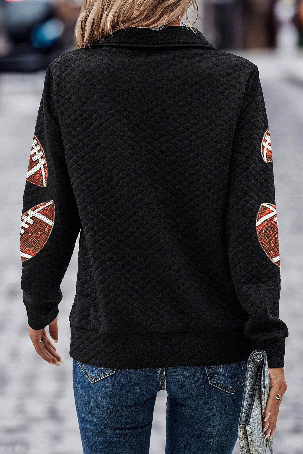 Black Sequin Rugby Football Patched Quarter Zip Textured Sweatshirt Graphic Sweatshirts JT's Designer Fashion