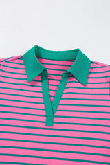 Rose Stripe Collared V Neck Puff Sleeve Shift T Shirt Dress with Pockets Plus Size Mini Dresses JT's Designer Fashion