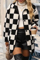 Black Checkered Side Pockets Collared Buttoned Fleece Jacket Jackets JT's Designer Fashion