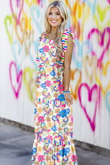 Rose Red Striped Trim Self-tie Straps Floral Maxi Dress Floral Dresses JT's Designer Fashion