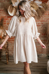 White Textured Ruffled Puff Sleeve Loose Dress Mini Dresses JT's Designer Fashion