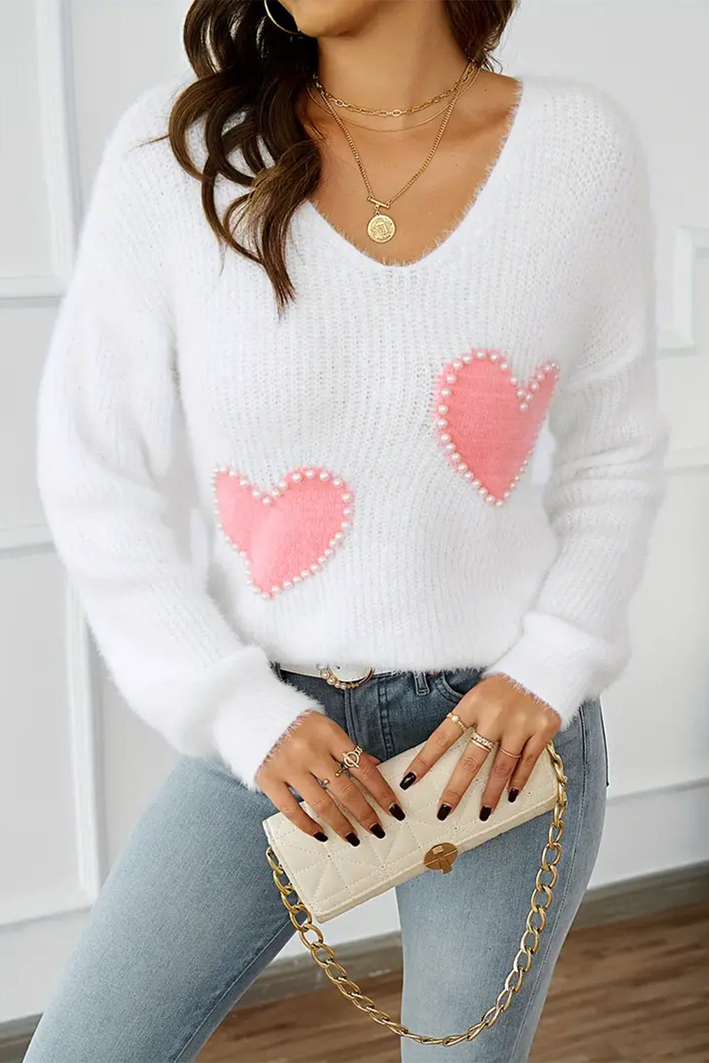 White Pearl Beaded Heart Pattern Fuzzy V Neck Sweater Sweaters JT's Designer Fashion