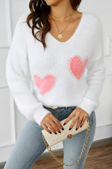 White Pearl Beaded Heart Pattern Fuzzy V Neck Sweater Sweaters JT's Designer Fashion