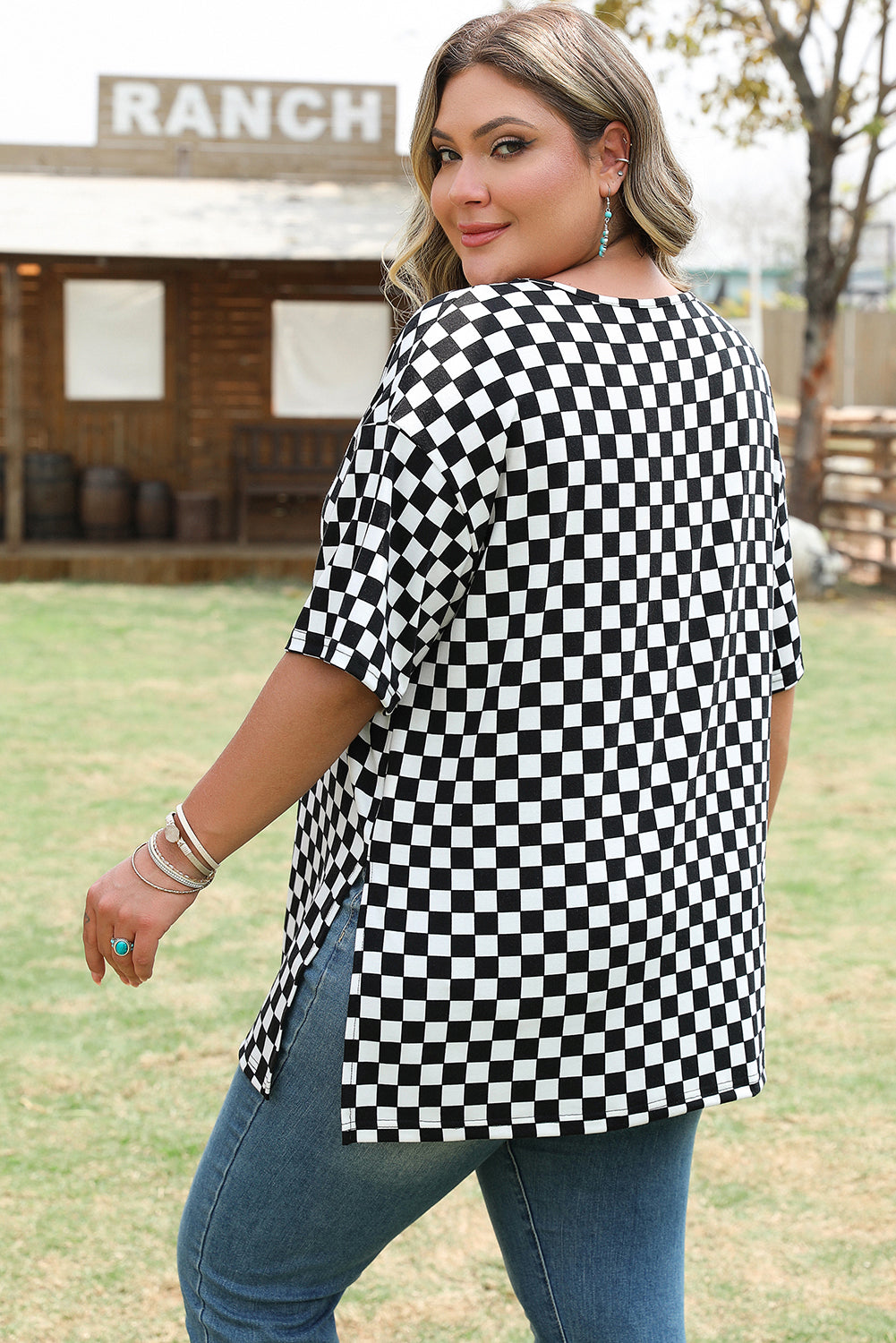 Black Checkered Print Side Slits O Neck Plus Size T Shirt Plus Size Tops & Tees JT's Designer Fashion