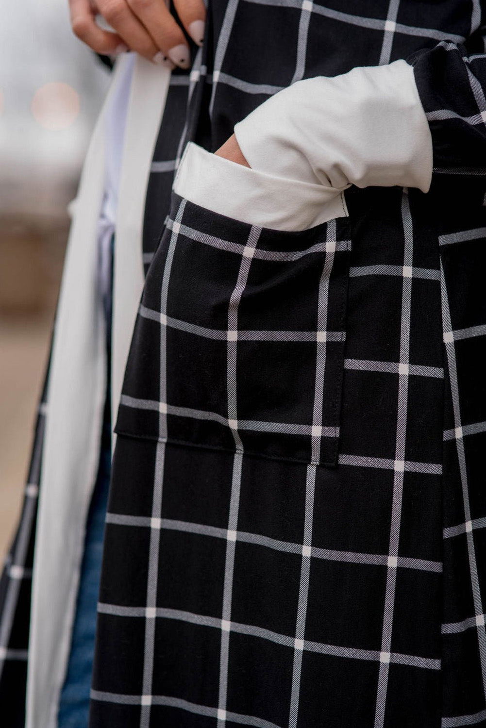 Black Plaid Colorblock Edge Open Cardigan with Pocket Cardigans JT's Designer Fashion