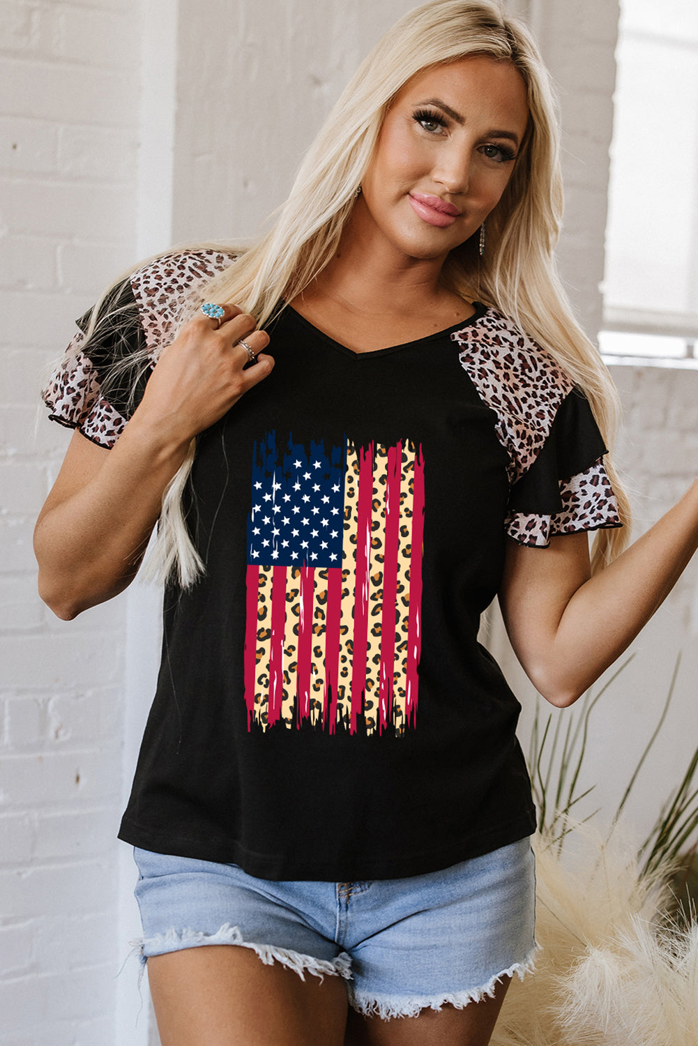 Black Leopard Patchwork Frayed USA Flag Print Ruffle Short Sleeve V Neck Tee Graphic Tees JT's Designer Fashion