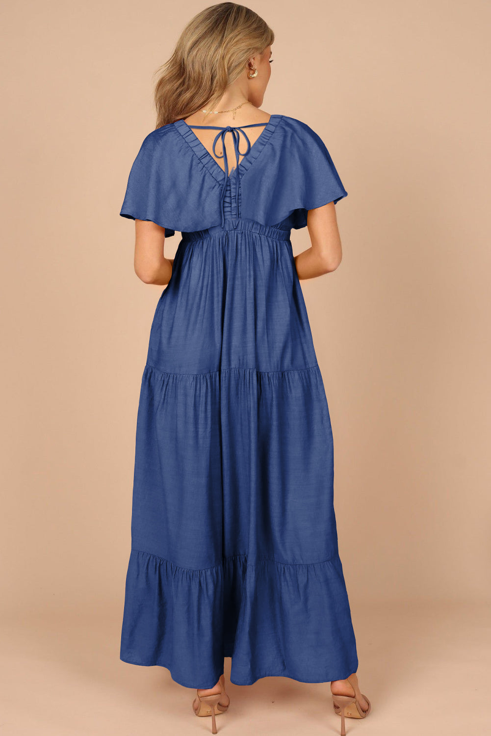 Navy Blue Textured V Neck Flutter Sleeve Ruffled Long Dress Maxi Dresses JT's Designer Fashion