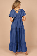 Navy Blue Textured V Neck Flutter Sleeve Ruffled Long Dress Maxi Dresses JT's Designer Fashion