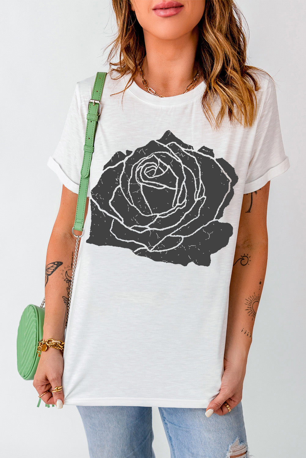 White Large Rose Print Round Neck T Shirt Graphic Tees JT's Designer Fashion