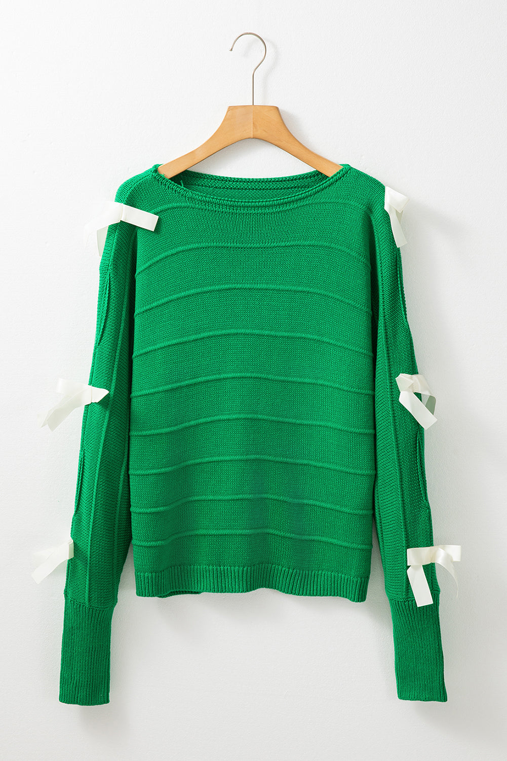 Bright Green Bow Knot Cut Out Round Neck Loose Sweater Sweaters JT's Designer Fashion
