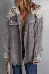 Gray Color Block Button Down Hooded Corduroy Jacket Jackets JT's Designer Fashion