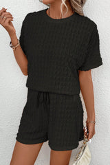 Black Frill Textured Short Sleeve Top and Drawstring Shorts Set Short Sets JT's Designer Fashion