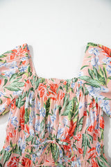 Apricot Pink Floral Smocked Bust Bubble Short Sleeve Long Dress Maxi Dresses JT's Designer Fashion