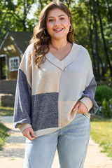 Ashleigh Blue Plus Size Textured Colorblock Patchwork V Neck Top Plus Size Long Sleeve Tops JT's Designer Fashion