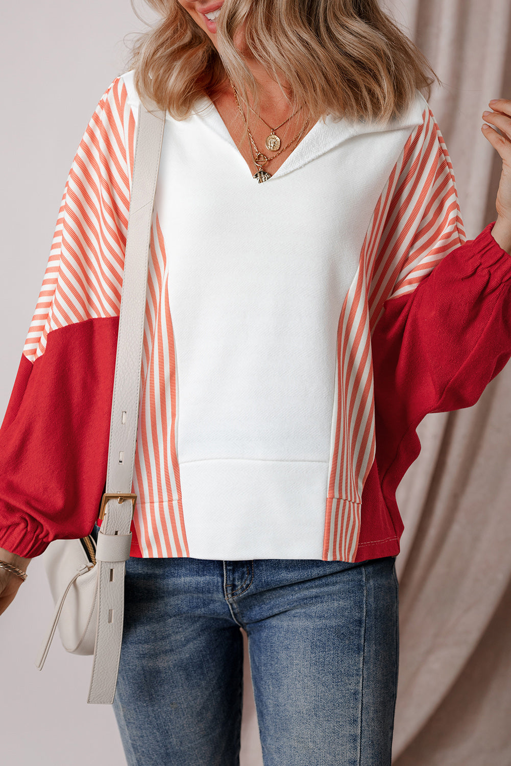 White Striped Color Block Collared V Neck Oversized Sweatshirt Sweatshirts & Hoodies JT's Designer Fashion