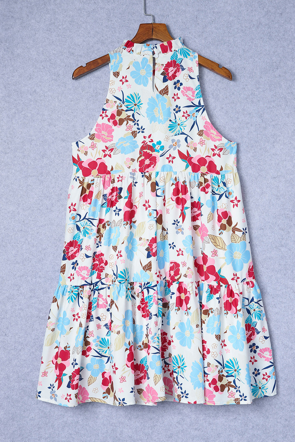 White Frill Mock Neck Sleeveless Tiered Floral Dress Floral Dresses JT's Designer Fashion