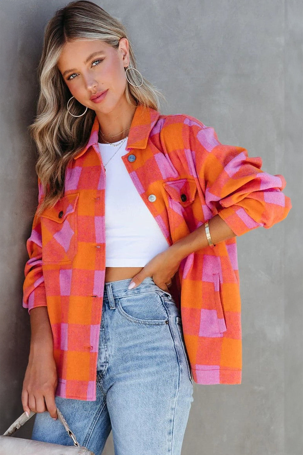 Orange Plaid Chest Pockets Button-up Turn Down Collar Jacket Jackets JT's Designer Fashion