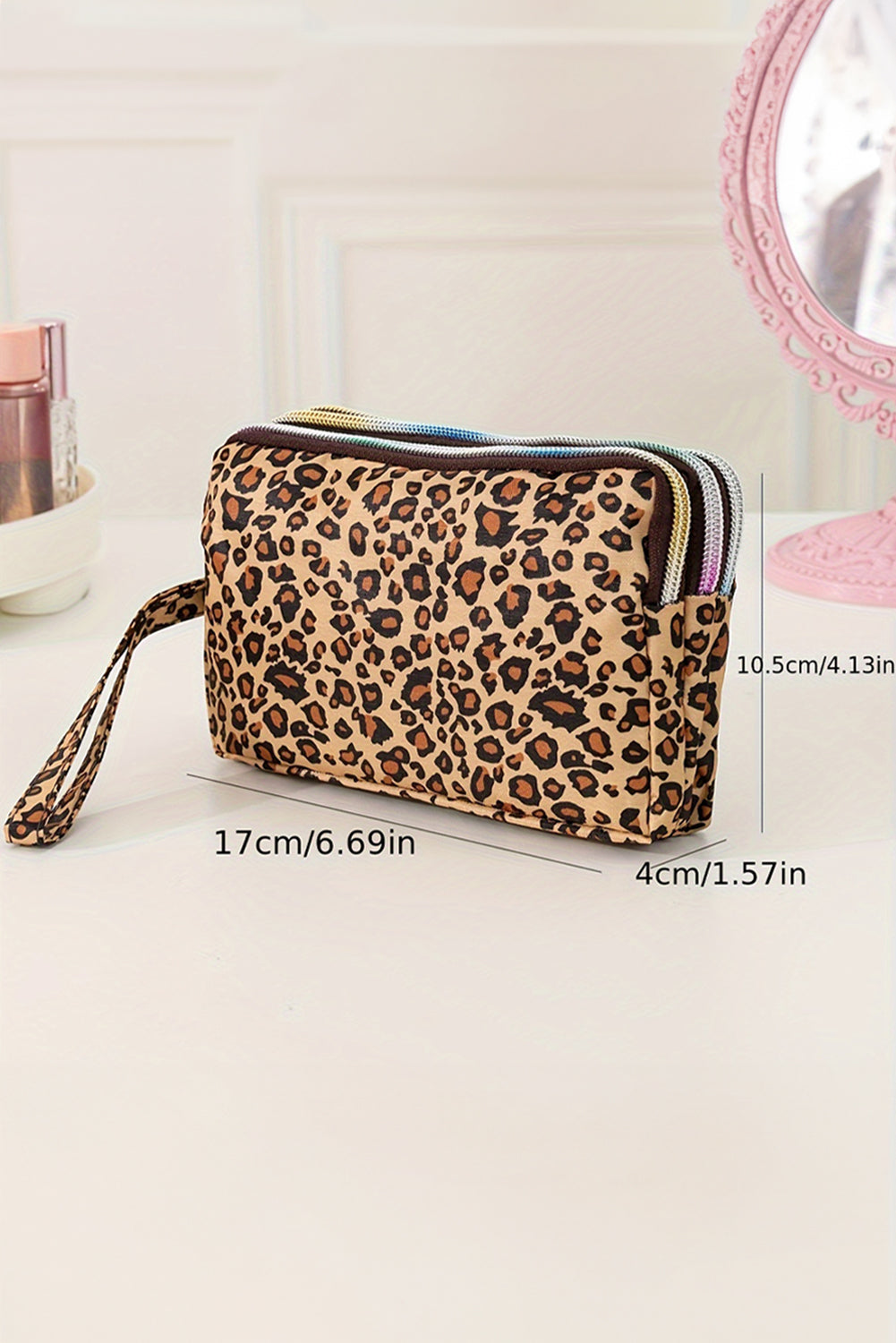 Brown Leopard Print PU Leather Wristlet Zipper Makeup Bag Makeup Bags JT's Designer Fashion