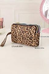 Brown Leopard Print PU Leather Wristlet Zipper Makeup Bag Makeup Bags JT's Designer Fashion