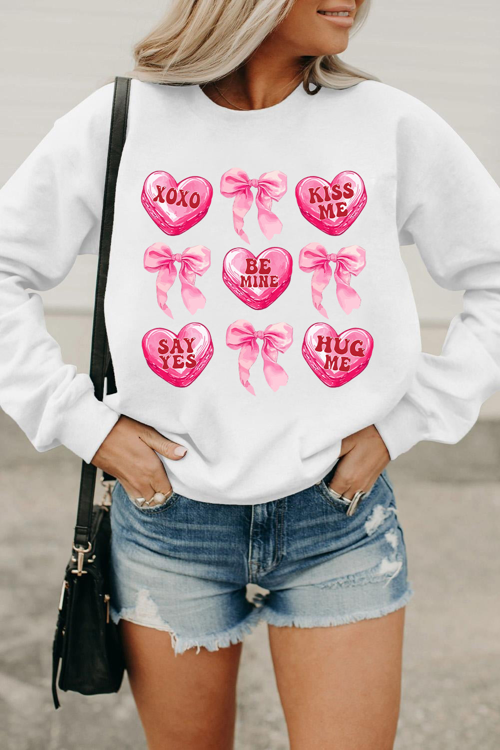 White Valentine Candy Heart & Bow Graphic Sweatshirt Graphic Sweatshirts JT's Designer Fashion