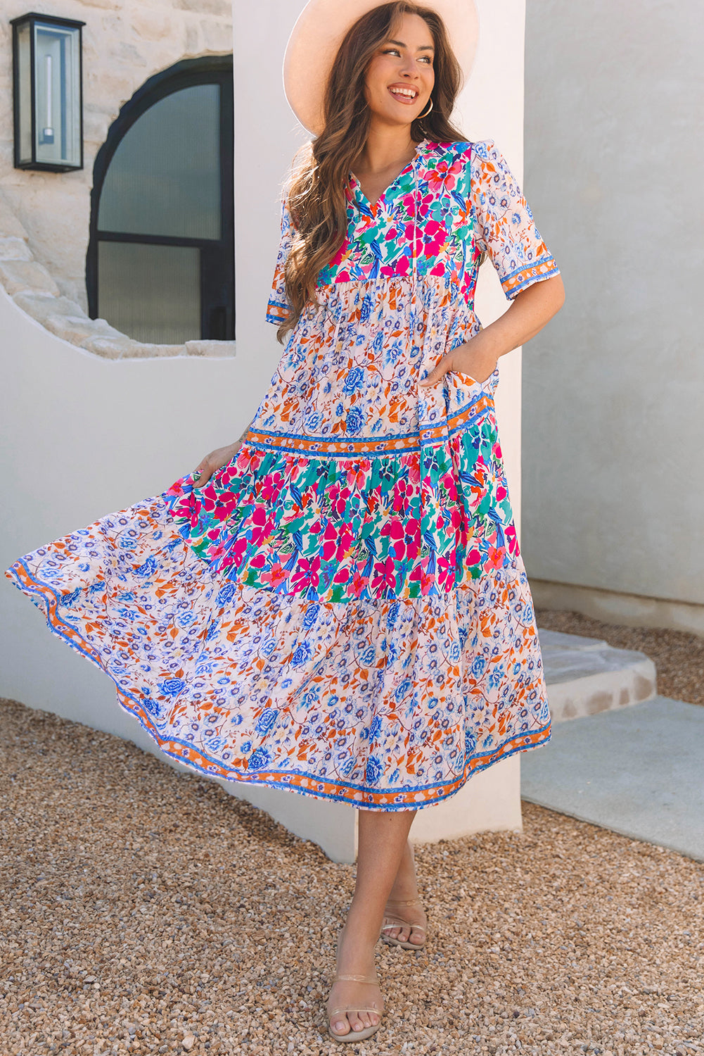 Sky Blue Mixed Floral Print Tie Split Neck Short Sleeve Dress Floral Dresses JT's Designer Fashion
