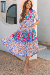 Sky Blue Mixed Floral Print Tie Split Neck Short Sleeve Dress Floral Dresses JT's Designer Fashion