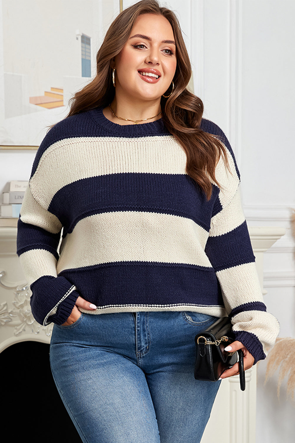 Blue Stripe Color Block PLus Size Drop Shoulder Sweater Blue Stripe 100%Acrylic Plus Size Sweaters & Cardigans JT's Designer Fashion