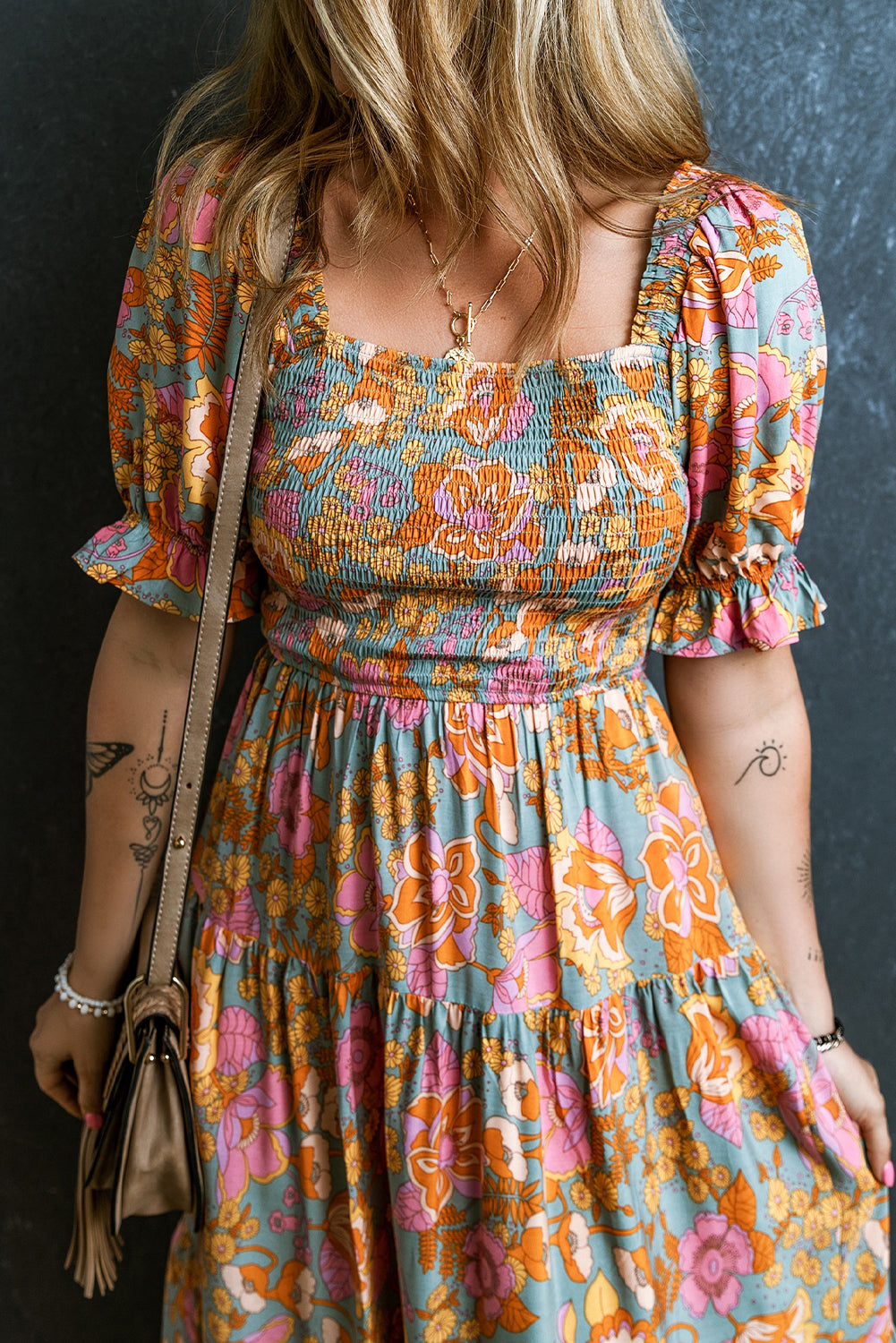 Yellow Smocked Bodice High Waist Puff Sleeve Floral Dress Floral Dresses JT's Designer Fashion